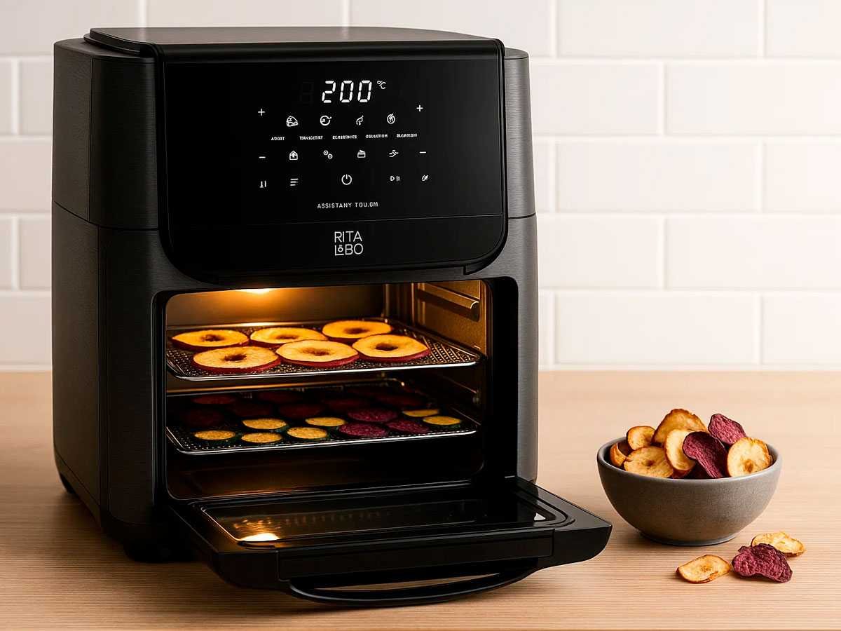Air Fryer Electrolux EAF90 12L na bancada, porta semiaberta e luz interna acesa; grelhas com fatias finas desidratando (maçã acima, abobrinha/beterraba abaixo) e tigela com chips prontos ao lado