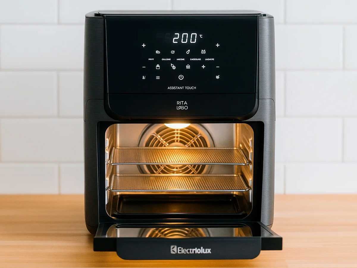 Air Fryer Electrolux EAF90 12L na bancada, porta aberta e luz interna acesa, mostrando câmara em aço inox com grelhas e bandeja coletora — vista frontal