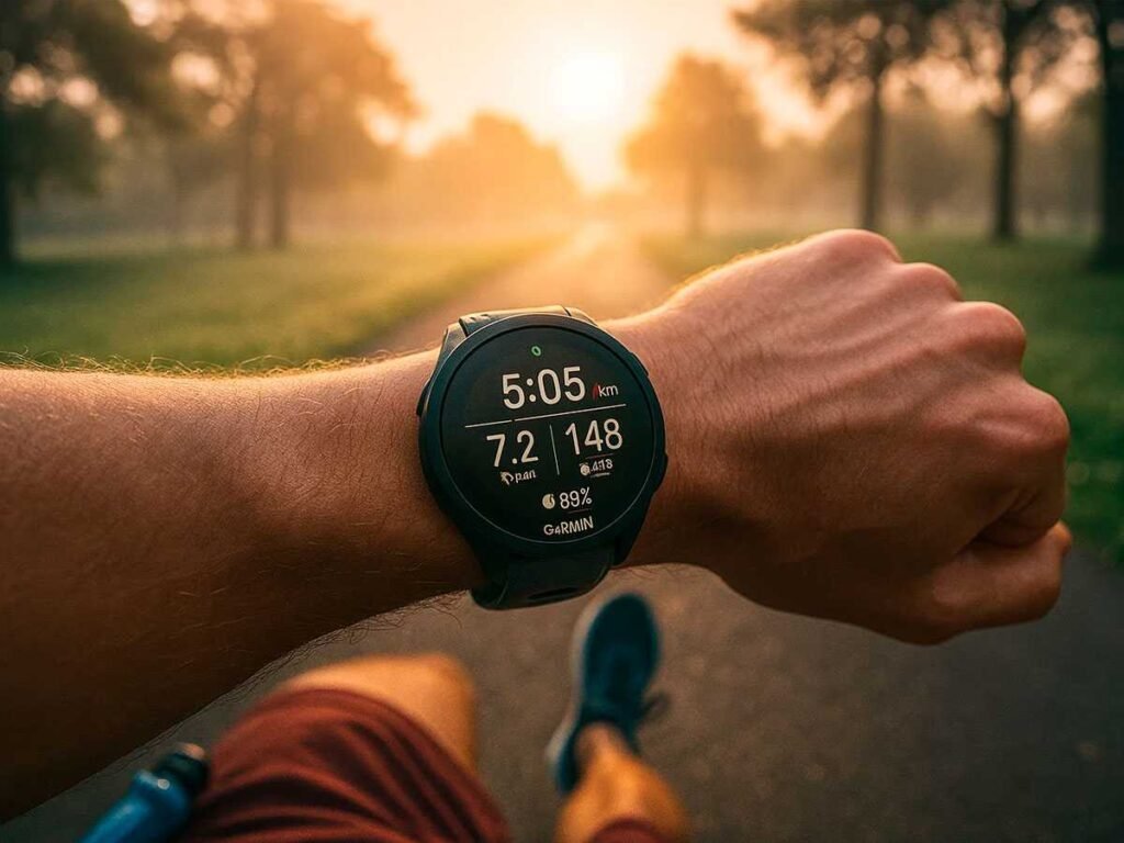 Corredor Treinando Ao Nascer Do Sol Usando Um Garmin Forerunner 165