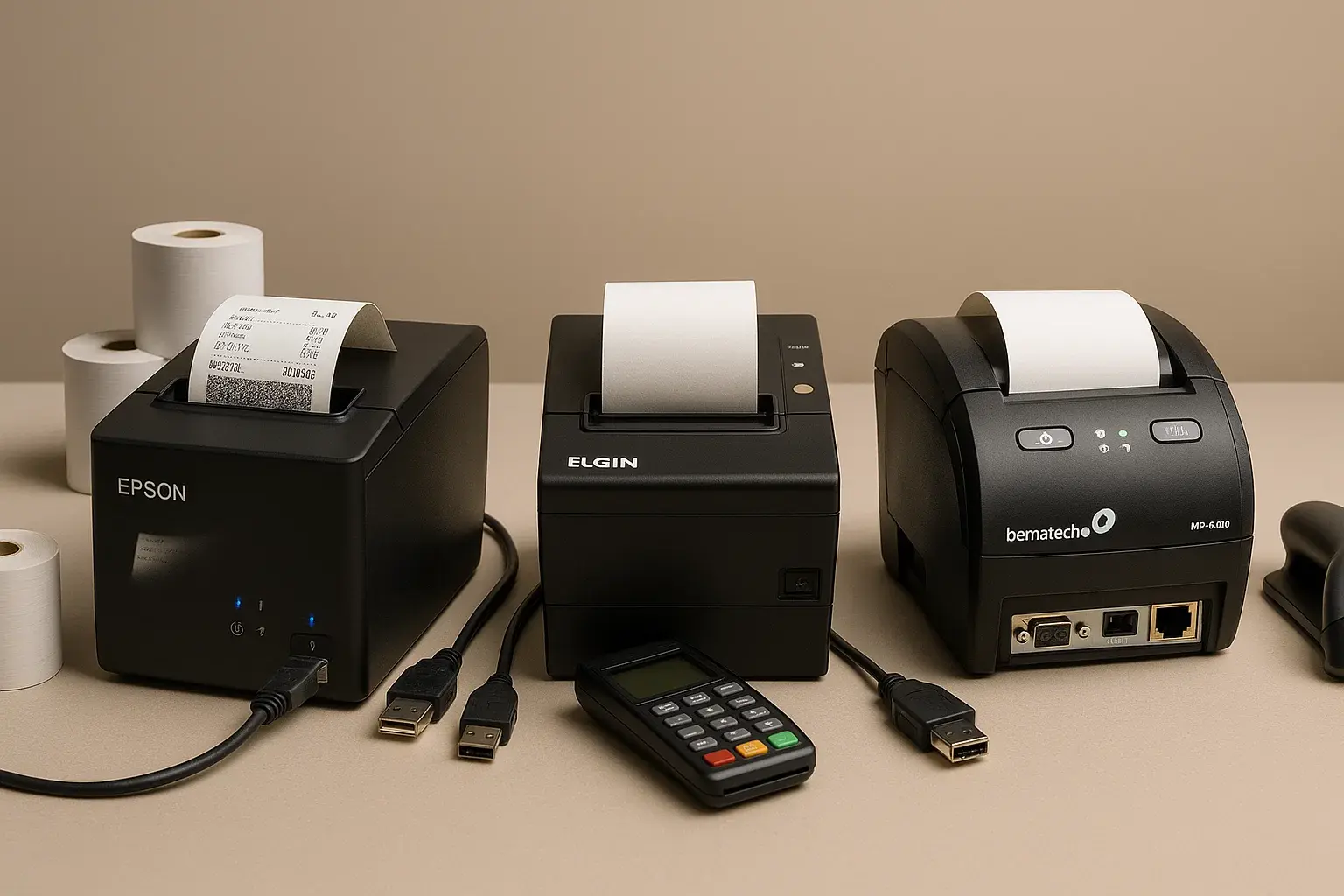 Comparativo visual: Epson TM-T20X ao lado de Elgin i9 e Bematech MP-4200 TH