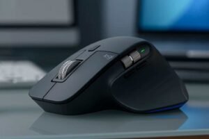 Logitech MX Master 3S sobre mesa de vidro, destacando roda MagSpeed, formato ergonômico e cliques silenciosos
