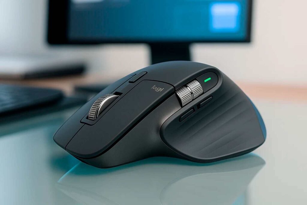 Logitech MX Master 3S sobre mesa de vidro, destacando roda MagSpeed, formato ergonômico e cliques silenciosos