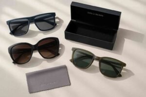 Óculos Chilli Beans é bom? Hero com três modelos UV400 e um polarizado em flat lay editorial