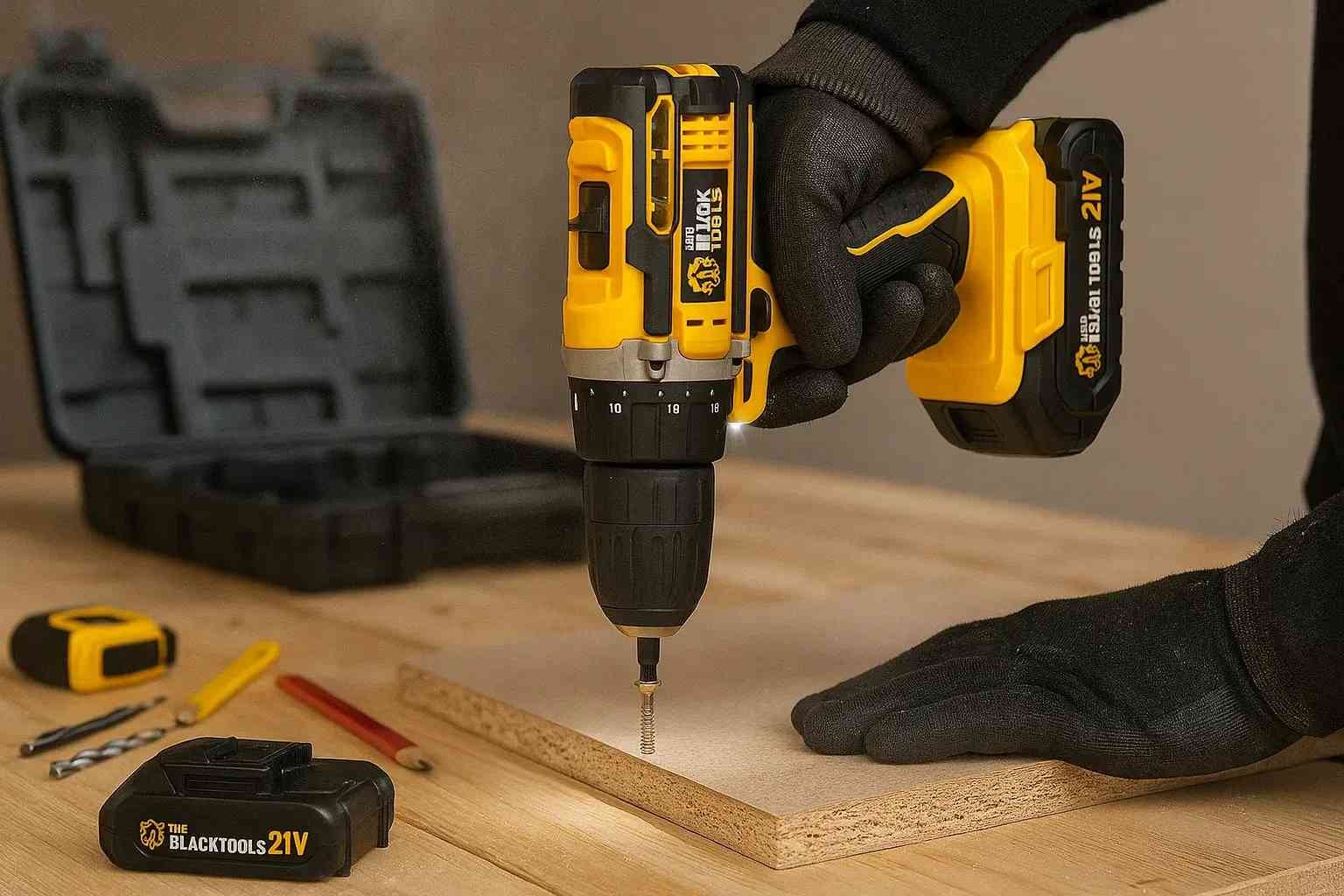 Parafusadeira Furadeira de Impacto The Black Tools TB-21PX em bancada de trabalho, maleta aberta e duas baterias sobre a mesa