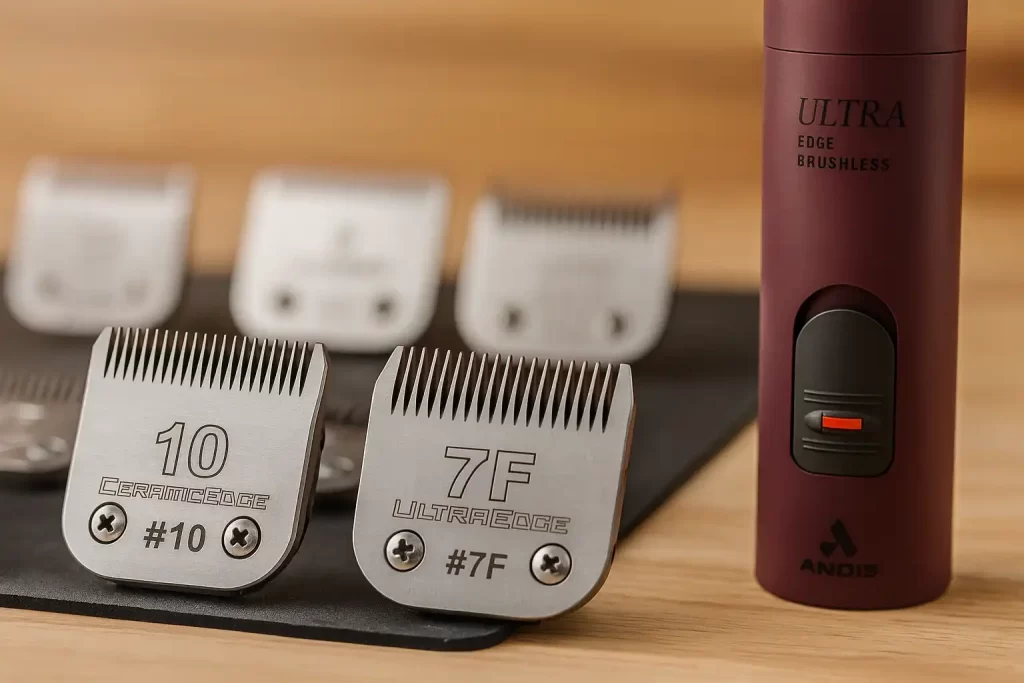 Lâminas Andis UltraEdge e CeramicEdge enfileiradas