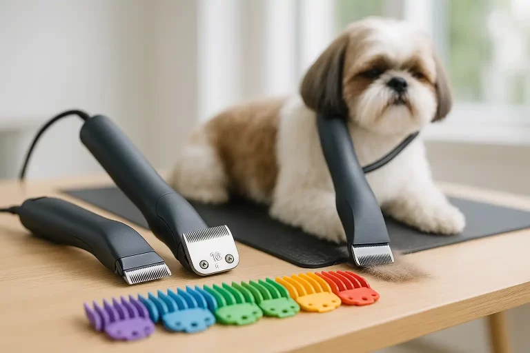 Máquinas de tosa em mesa de grooming com lâminas #10 e #7F organizadas e cão de pelo denso sendo aparado