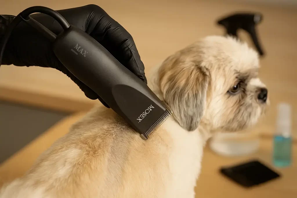 Máquina de tosa deslizando no dorso do cão