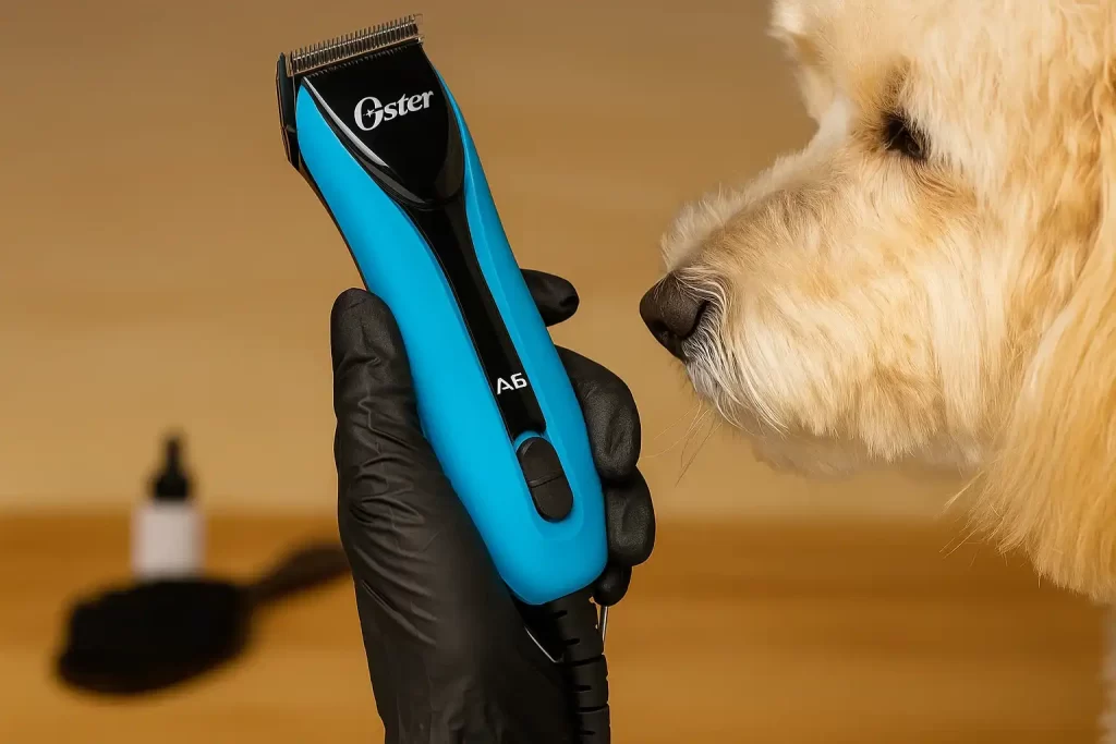 Oster A6 Slim em mão pequena aparando região do focinho