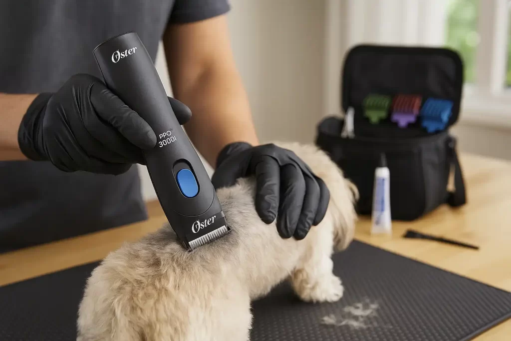 Profissional usando máquina de tosa cordless em domicílio