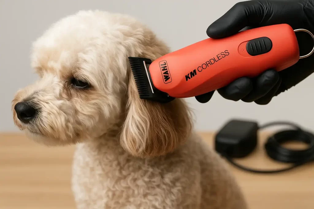 Máquina de tosa sendo usada sem cabo perto da orelha do cão