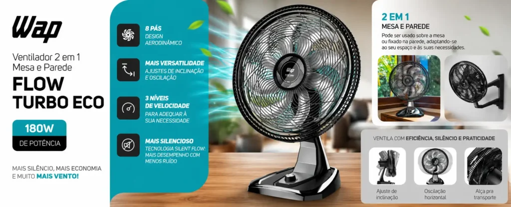 Ventilador 2 Em 1 Mesa E Parede Wap Flow Turbo Eco Com 8 Pás E 3 Velocidades 180w