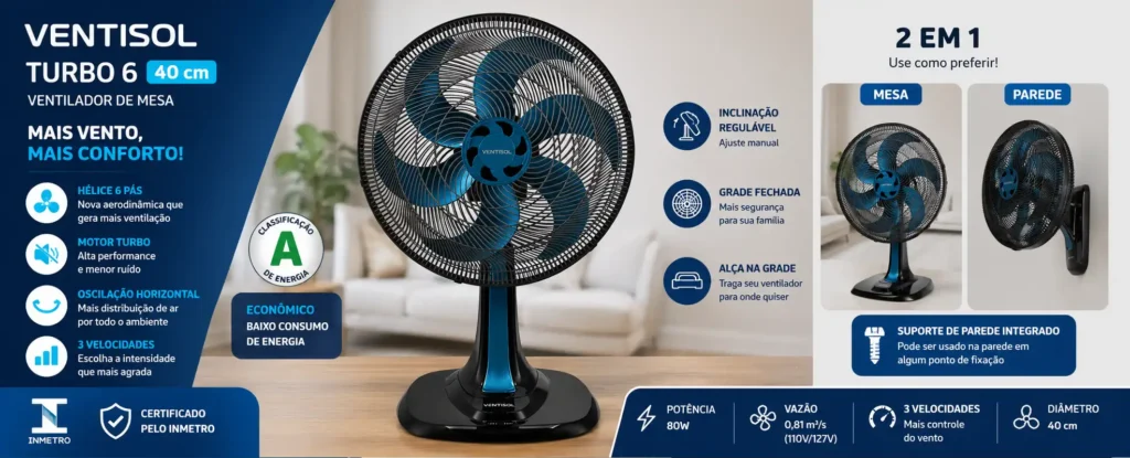 Ventilador Ventisol Turbo 6 40 cm é uma boa escolha