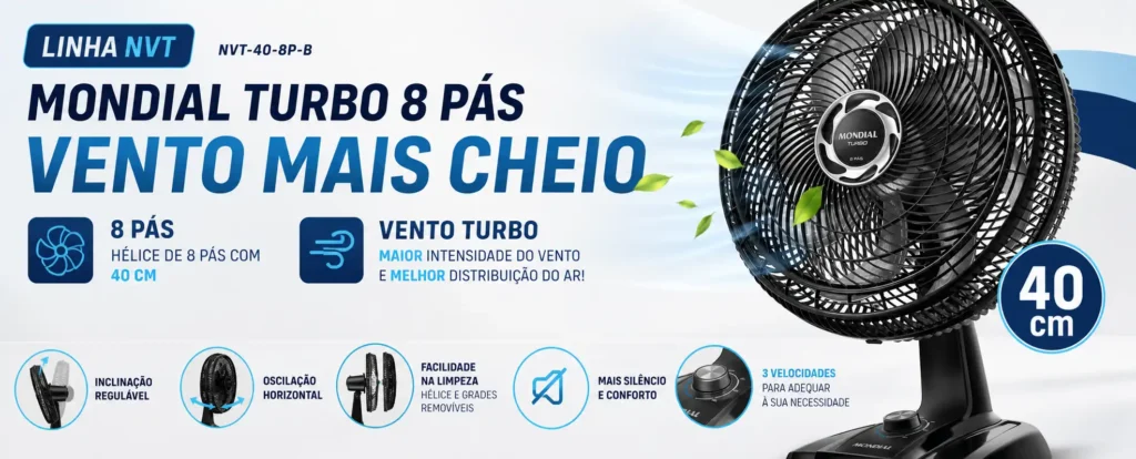 Ventilador de Mesa 40cm Turbo Mondial 140W, maior distribuição de ar