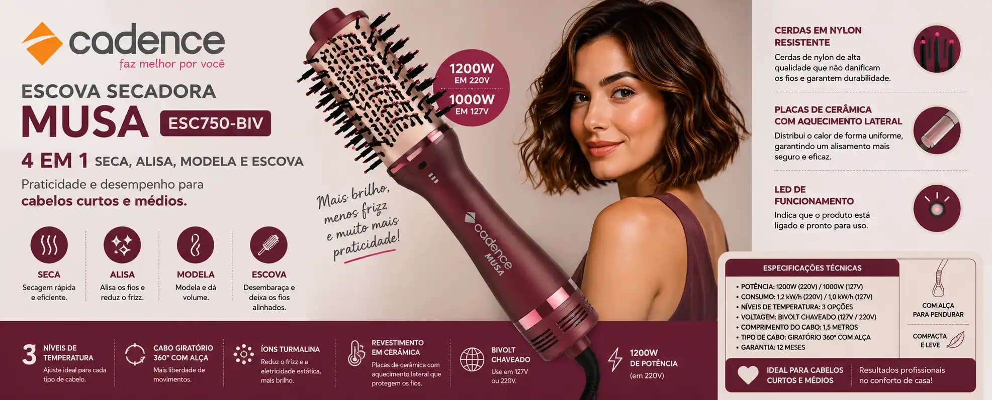Escova Secadora Cadence Musa ESC750-BIV Escova Secadora Cadence Musa ESC750-BIV