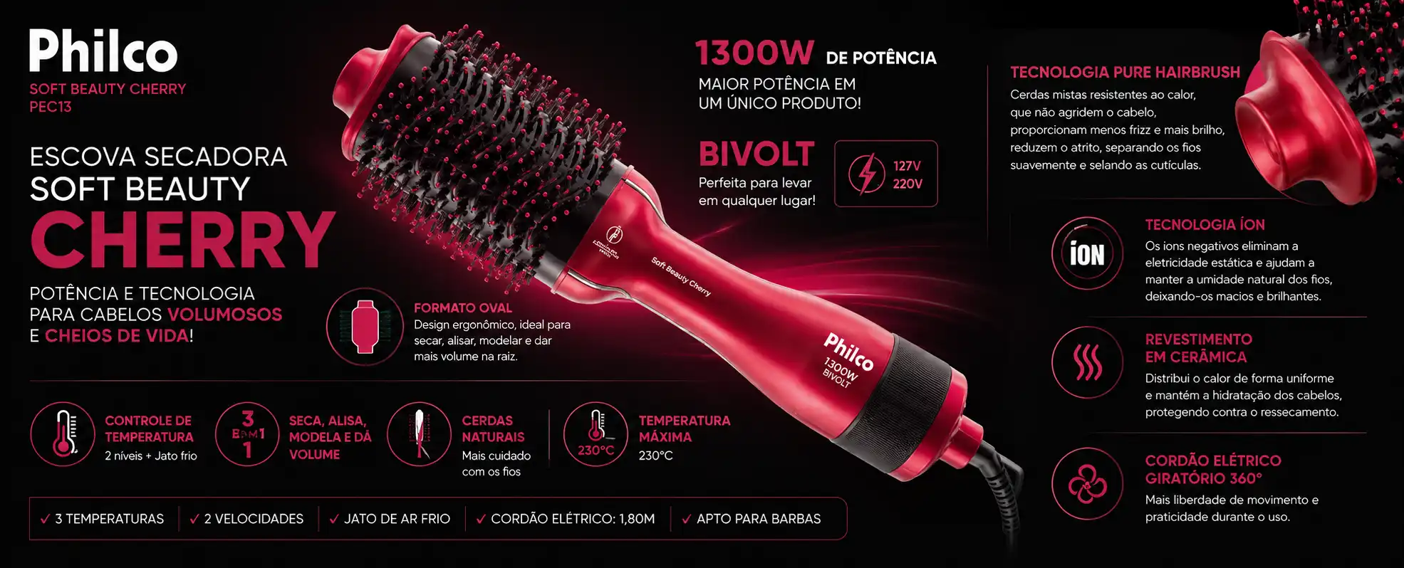 Escova Secadora Philco PEC13 Soft Beauty Cherry Escova Secadora Philco PEC13 Soft Beauty Cherry