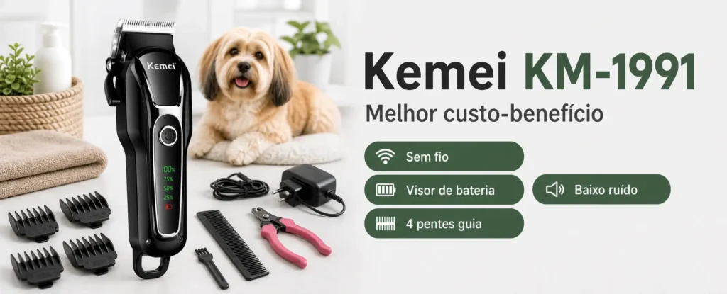 Máquina de tosa Kemei KM-1991 com acessórios, visor de bateria, uso sem fio, quatro pentes guia e destaque de baixo ruído para uso doméstico