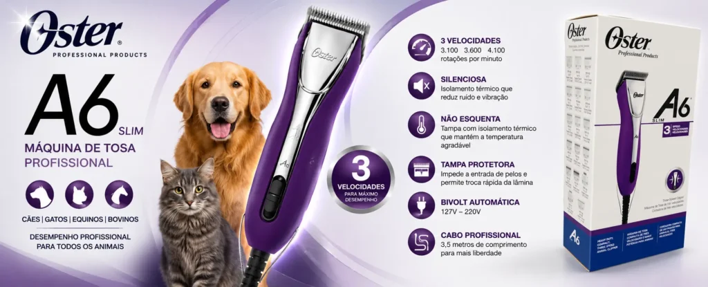 máquina de tosa profissional Oster A6 Slim roxa com lâmina óleo pincel de limpeza e embalagem
