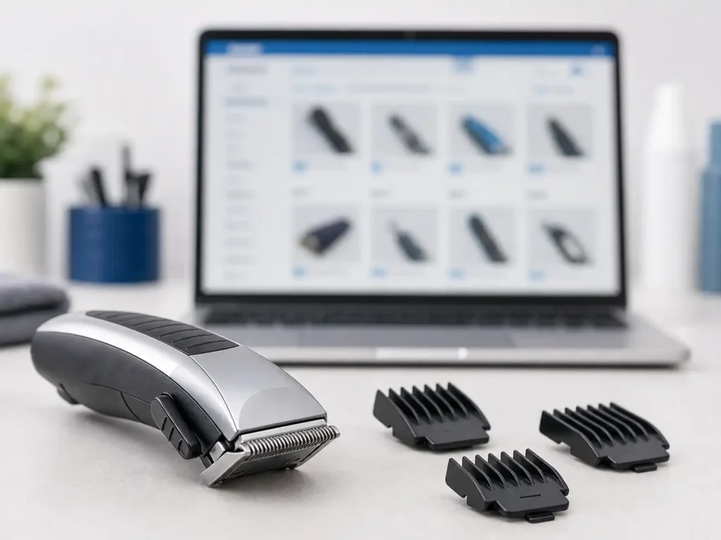 Cuidados ao comprar máquina de tosa em marketplace Máquina de tosa sem marca em primeiro plano com tela genérica de marketplace desfocada ao fundo, representando cuidados antes da compra online.