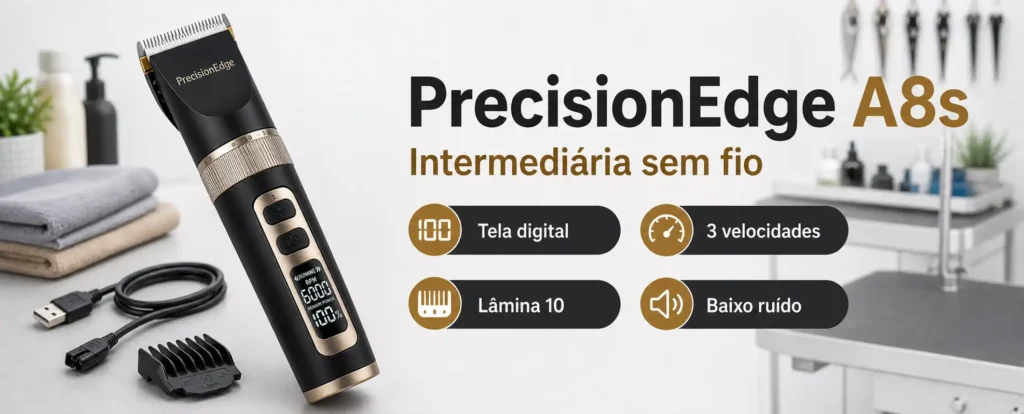 PrecisionEdge A8s: intermediária sem fio Máquina de tosa PrecisionEdge A8s em banner horizontal com destaques para tela digital, três velocidades, lâmina 10 e baixo ruído.