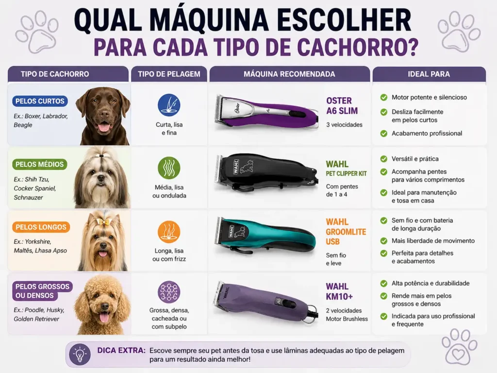 Cachorros de pelagens diferentes com máquinas de tosa para escolher o modelo ideal