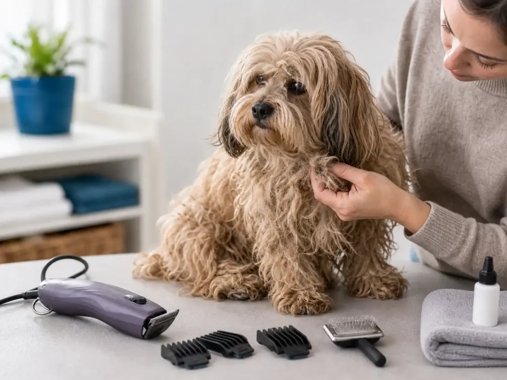 Quando não usar máquina de tosa em casa Cachorro com pelo embolado sendo avaliado com cuidado enquanto a máquina de tosa permanece desligada ao lado, indicando quando é melhor não tosar em casa