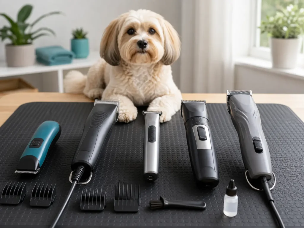 máquinas de tosa para cachorro organizadas em ranking sobre mesa de cuidados pet
