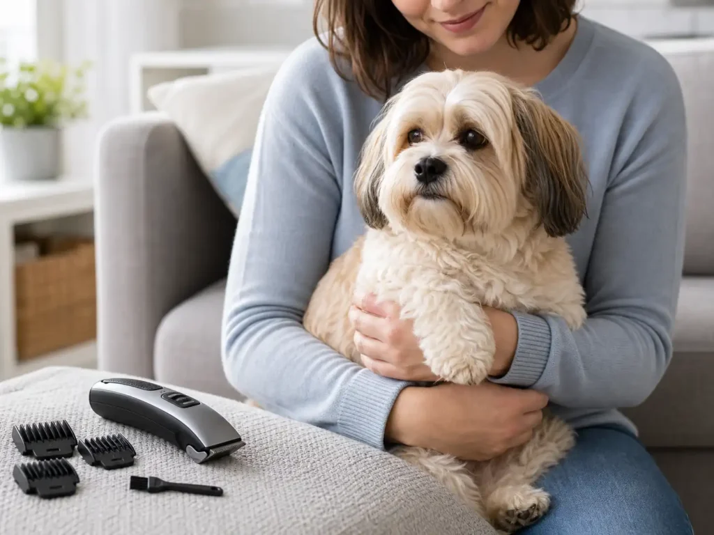 Dúvidas sobre máquina de tosa para cachorro Tutor segurando cachorro pequeno em casa com máquina de tosa desligada e pentes de corte próximos
