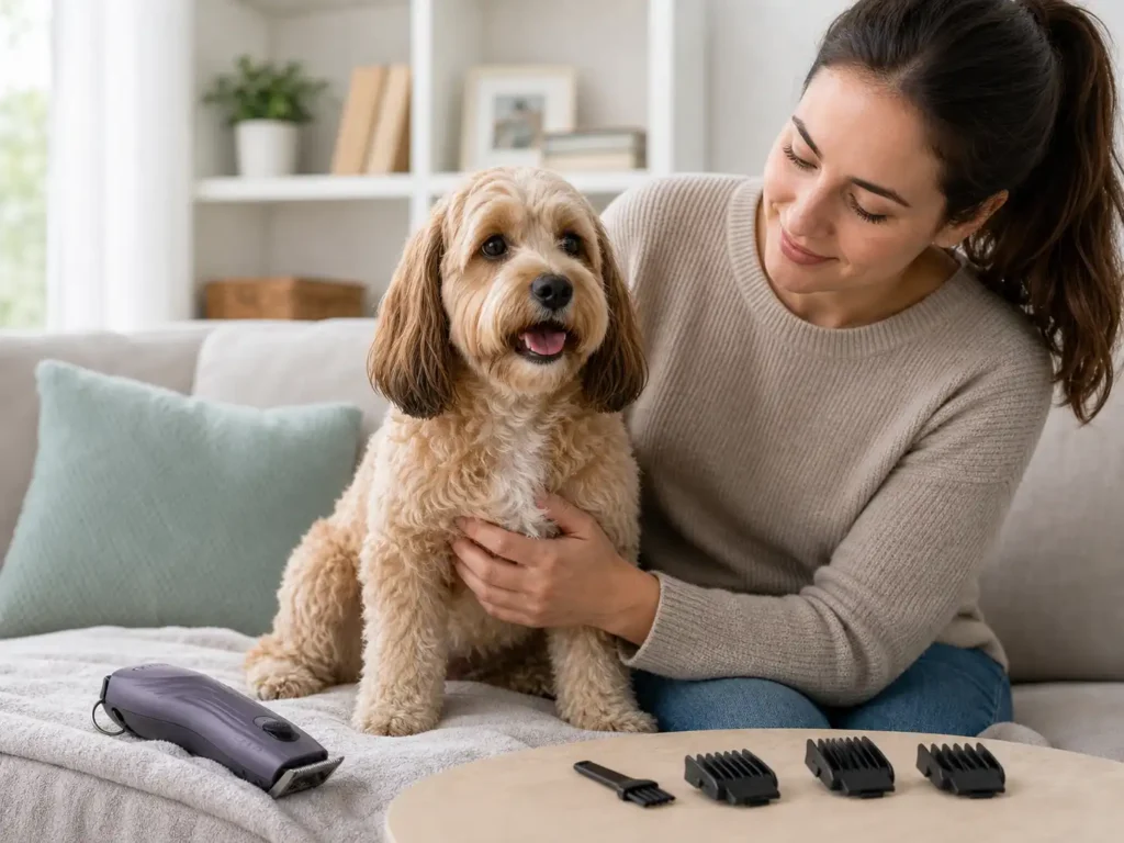 Máquina de tosa por perfil de comprador Tutor iniciante segurando cachorro pequeno em casa com máquina de tosa doméstica desligada, pentes guia e escova próximos