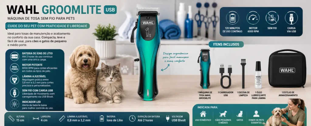 Máquina de tosa Wahl Groomlite USB em banner horizontal com destaques para uso doméstico, funcionamento sem fio, carga USB, até duas horas de autonomia e lâmina ajustável