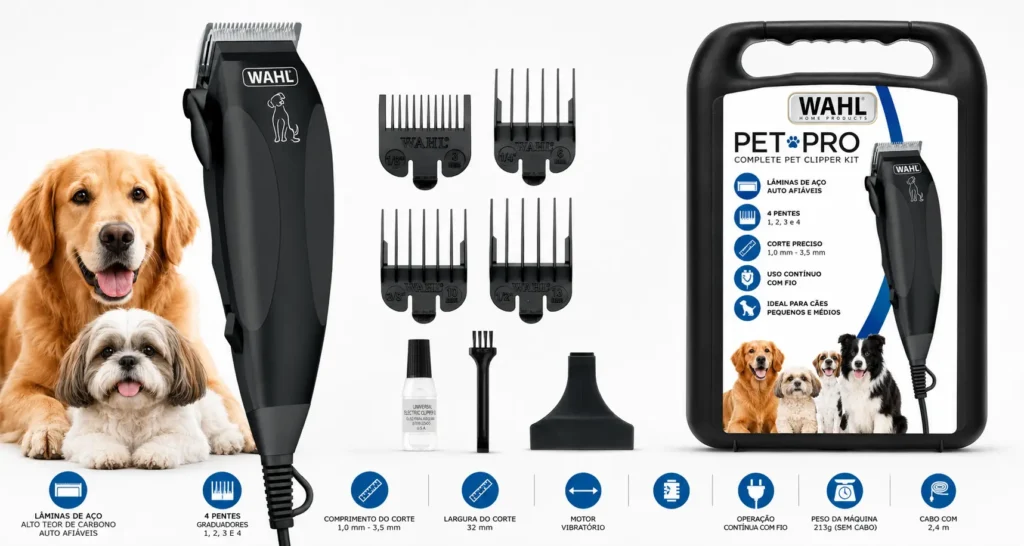 Máquina de tosa Wahl Pet Clipper com pentes graduadores óleo pincel de limpeza e maleta
