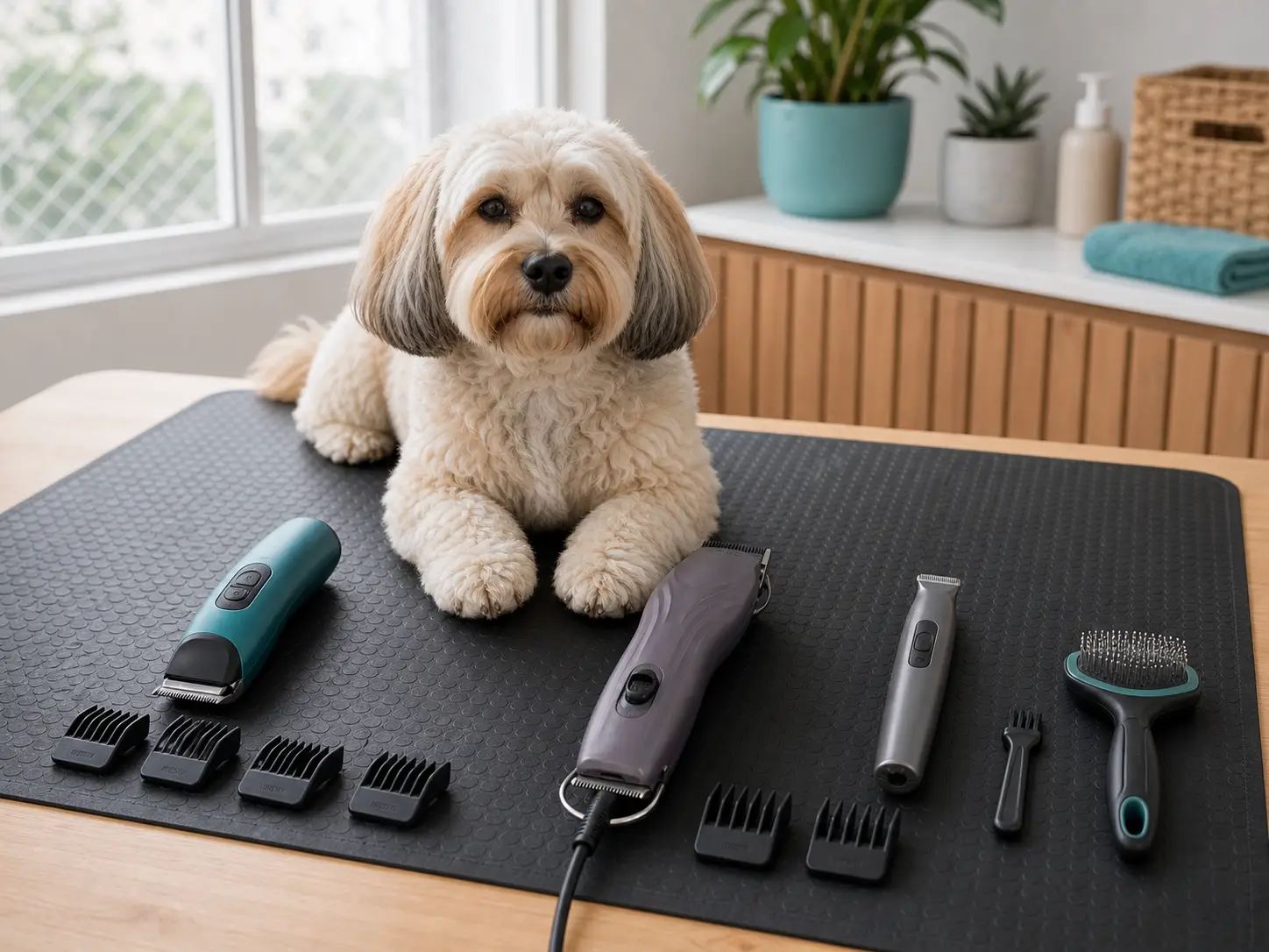 Cachorro em mesa de tosa com diferentes máquinas para perfis de tutor