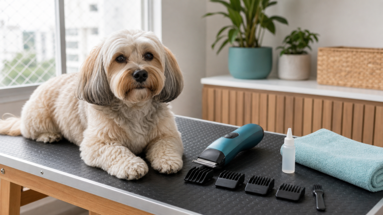 tutor escolhendo máquina de tosa para cachorro em mesa de cuidados pet