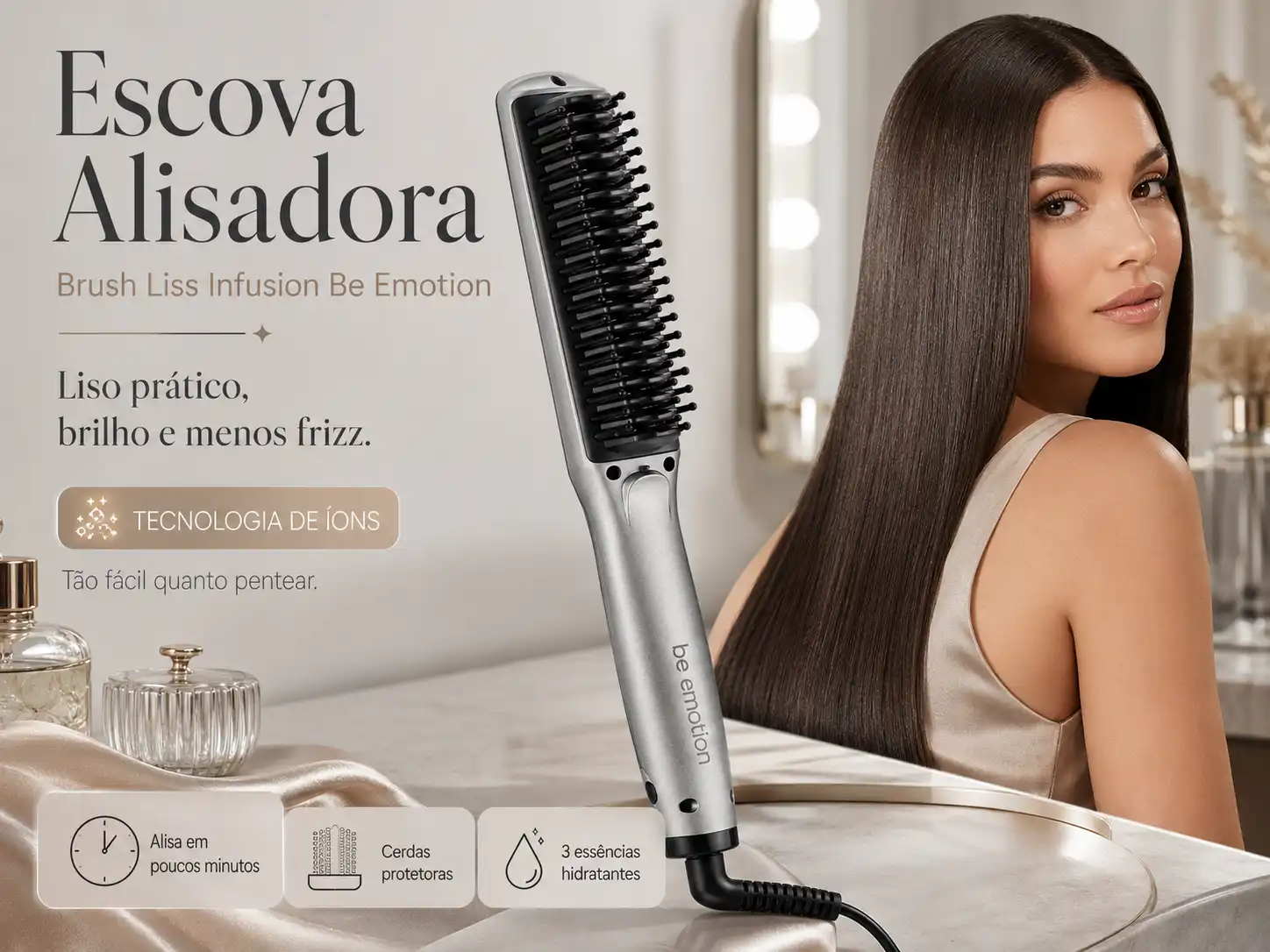 Escova alisadora Be Emotion Brush Liss Infusion em bancada premium de cuidados capilares