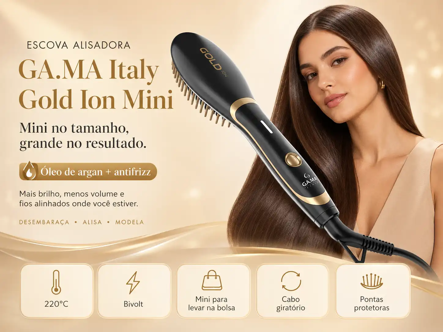 Escova alisadora compacta GA.MA Gold Ion Mini ao lado de nécessaire de viagem