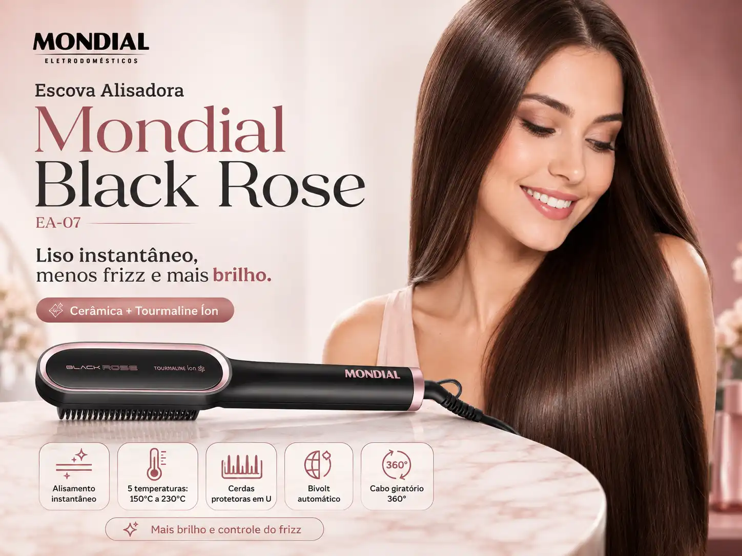 Escova alisadora Mondial Black Rose EA-07 em ambiente de beleza com cabelo ondulado