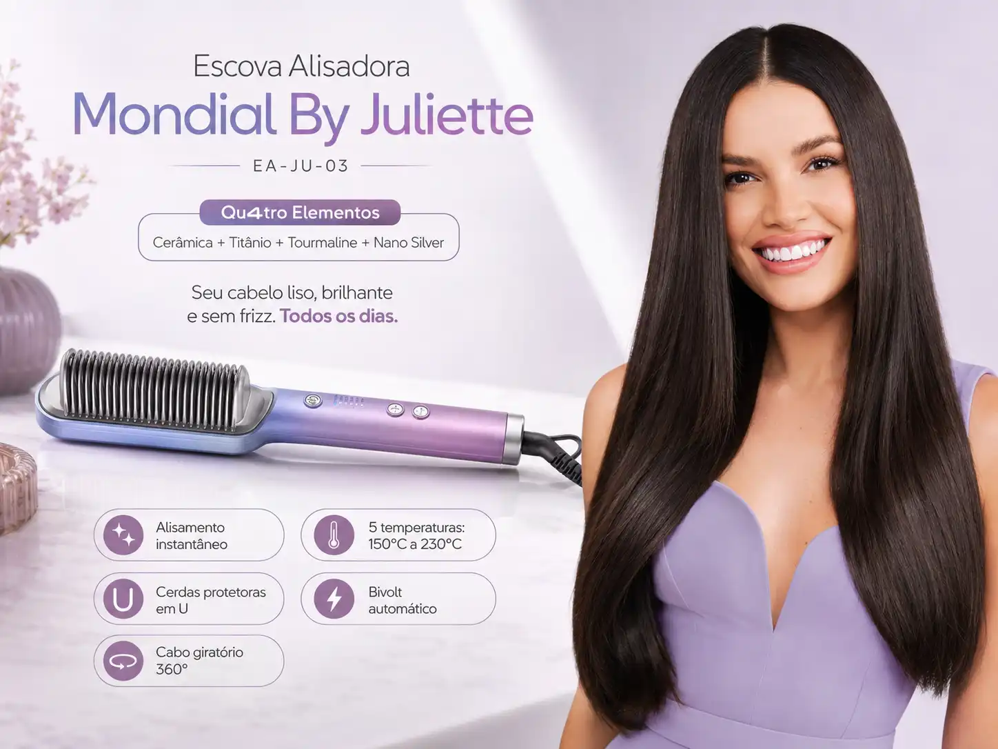 Escova alisadora Mondial By Juliette EA-JU-03 em composição contextual de cuidados com o cabelo