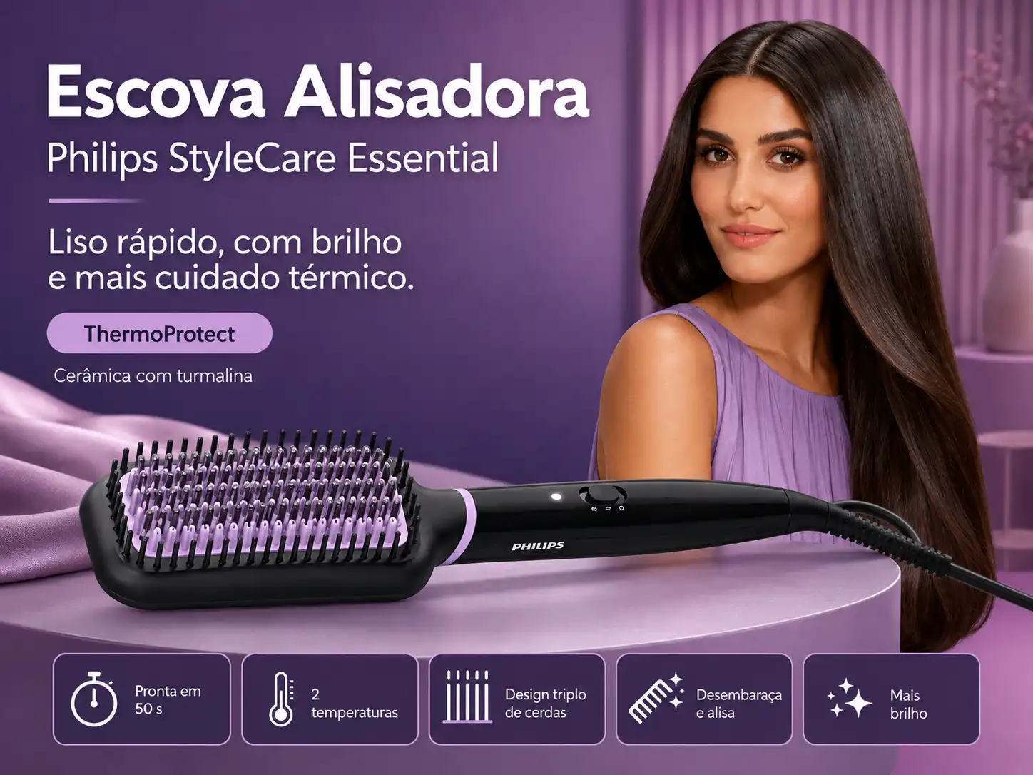 Escova alisadora Philips BHH880 sobre bancada de beleza ao lado de cabelo liso com movimento