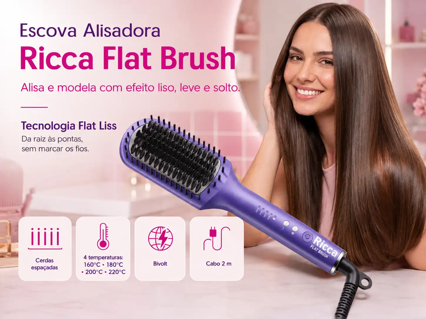 Escova alisadora Ricca Flat Brush 5706 em composição de beleza com cabelo ondulado