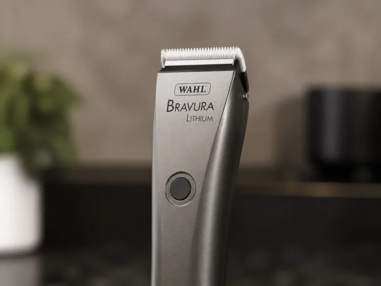 Detalhe da lâmina e do cabeçote da Wahl Bravura Gunmetal