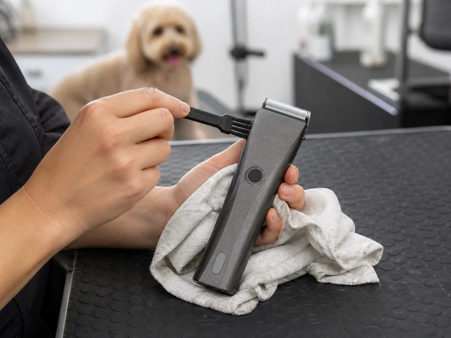 Wahl Bravura Gunmetal — manutenção em tosa animal Limpeza da Wahl Bravura Gunmetal em bancada de tosa animal